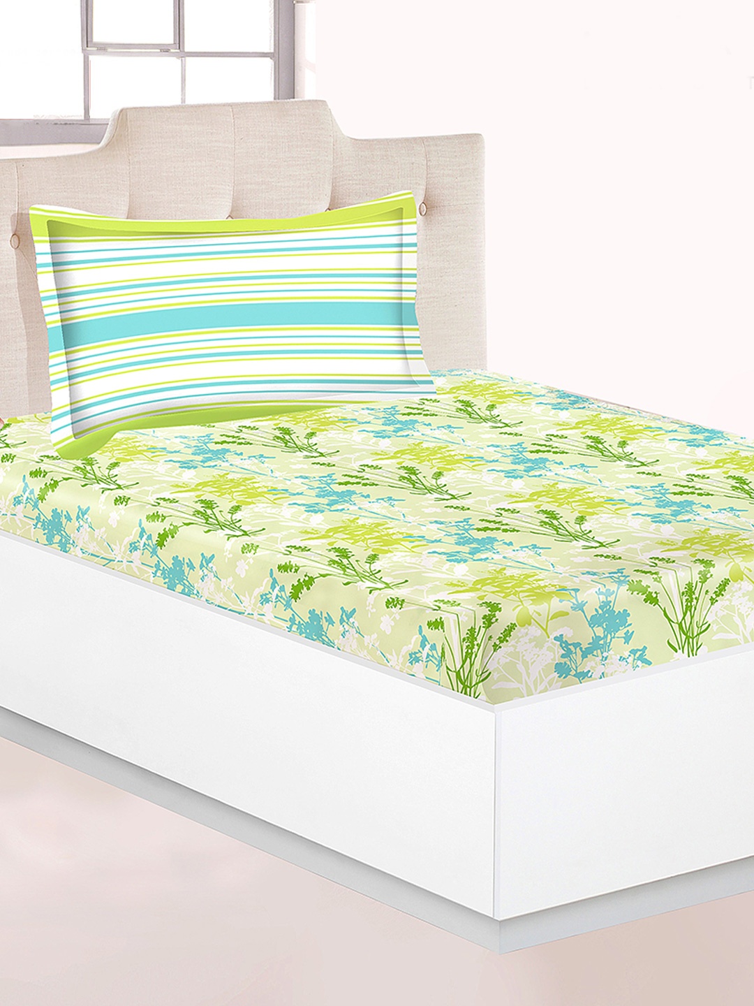 

Athome by Nilkamal Green & Blue Printed 144 TC Single Bedsheet with 1 Pillow Covers