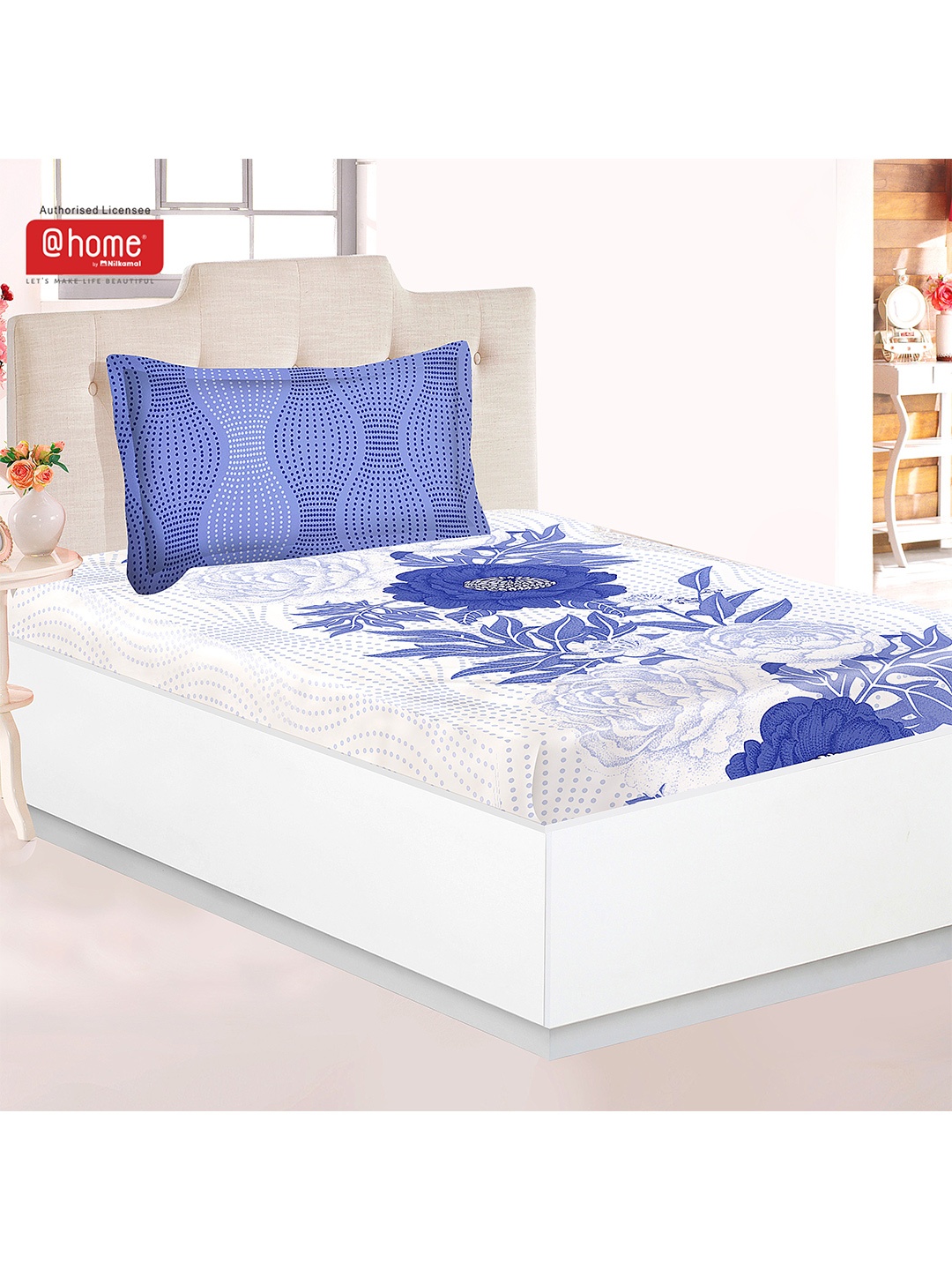 

Athome by Nilkamal White & Blue Printed 120 TC Single Bedsheet with 1 Pillow Covers