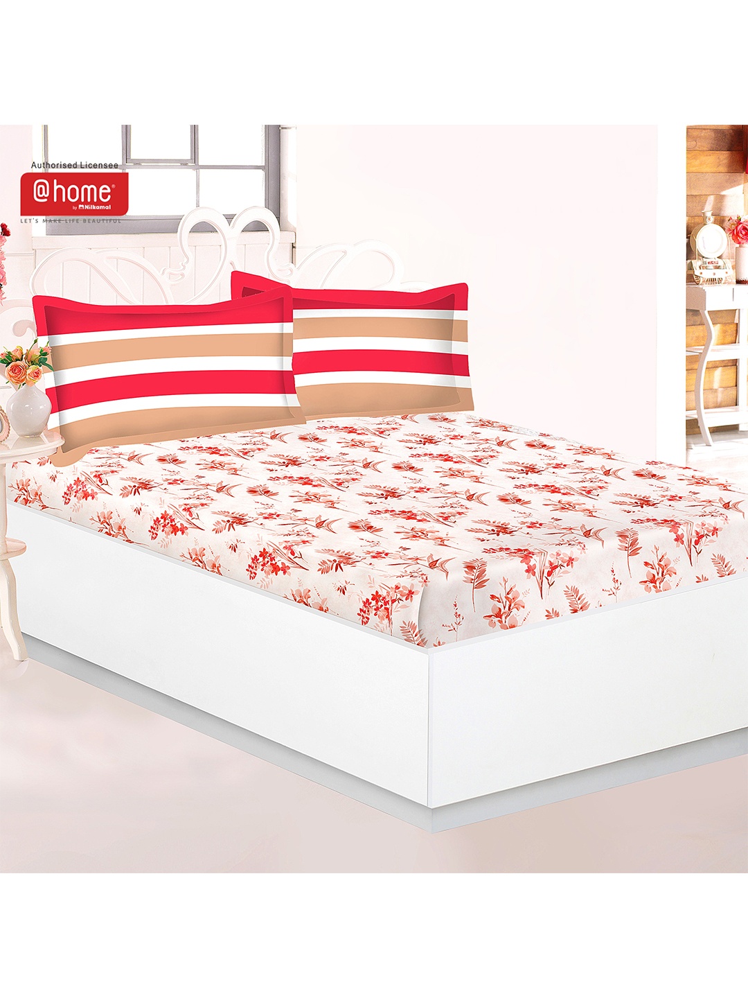 

Athome by Nilkamal Peach & Red Printed 120 TC Queen Bedsheet with 2 Pillow Covers