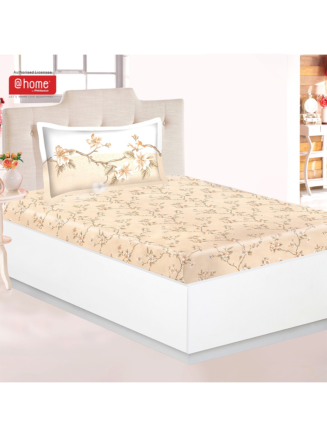

Athome by Nilkamal Brown Floral 144 TC Single Bedsheet with 2 Pillow Covers