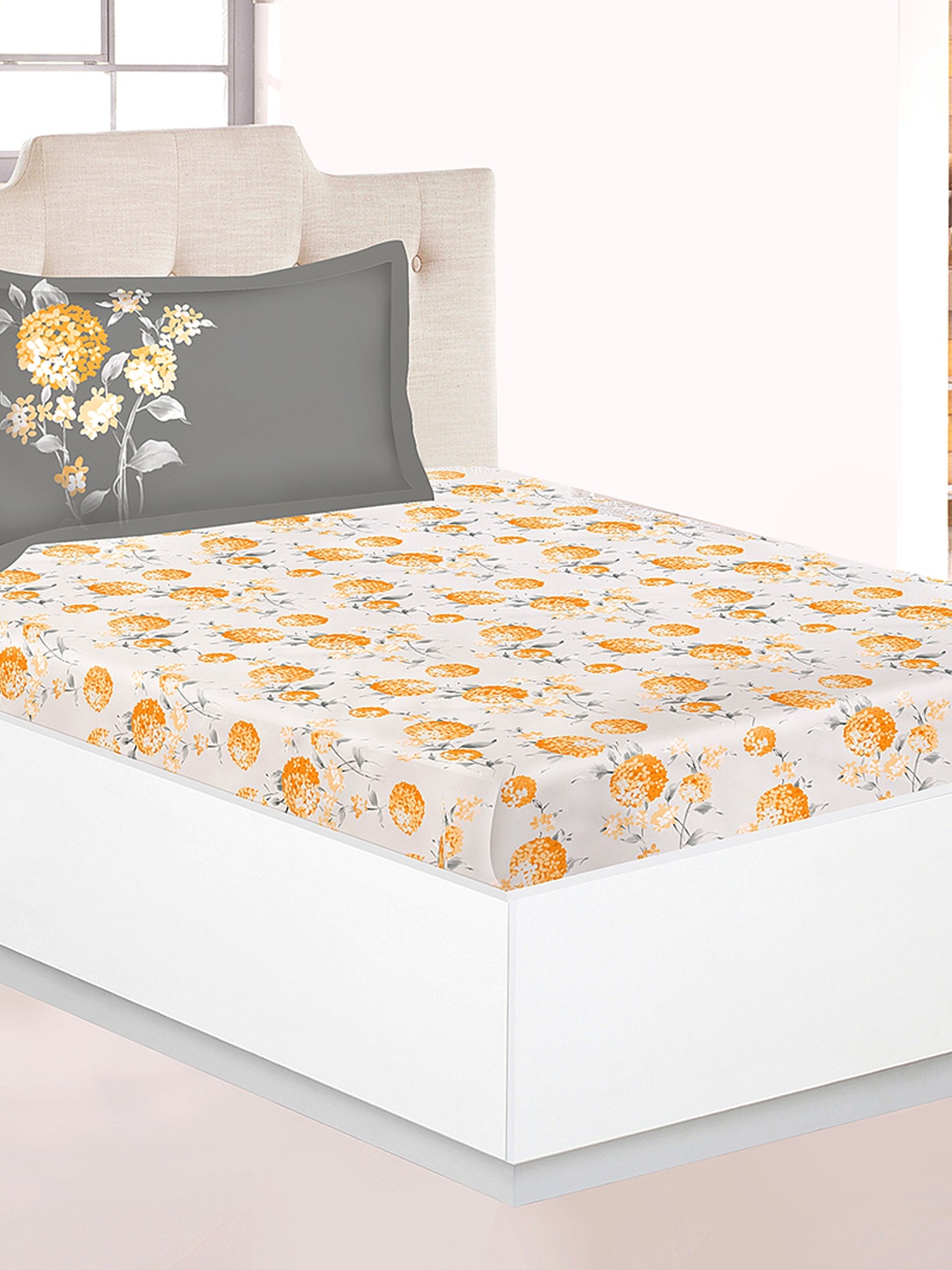 

Athome by Nilkamal Grey & Yellow Printed 144 TC Queen Bedsheet with 2 Pillow Covers