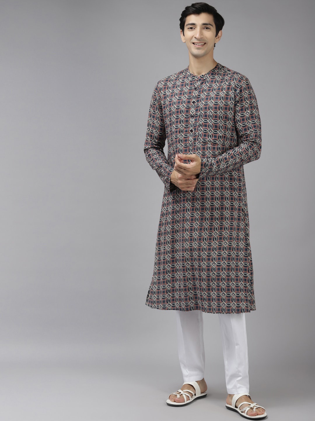 

See Designs Men Blue & Red Ethnic Motifs Printed Cotton A-line Kurta