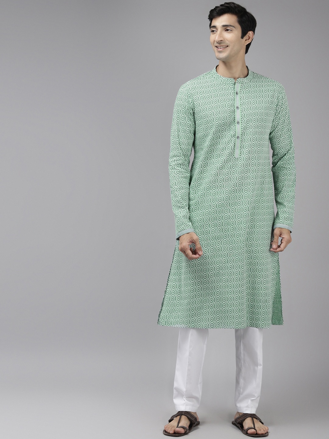 

See Designs Men Lime Green & White Geometric Printed Cotton Kurta