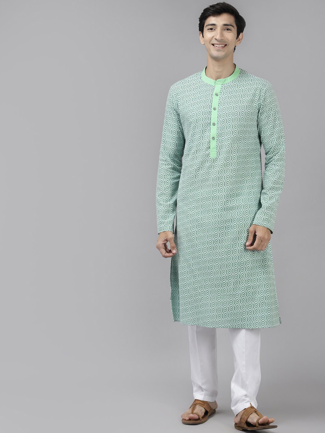 

See Designs Men Green & White Geometric Printed Kurta