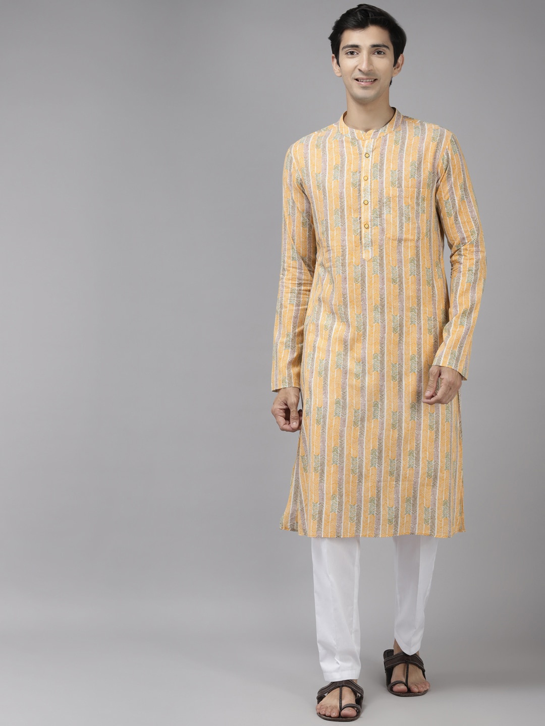 

See Designs Men Yellow Striped Cotton Kurta