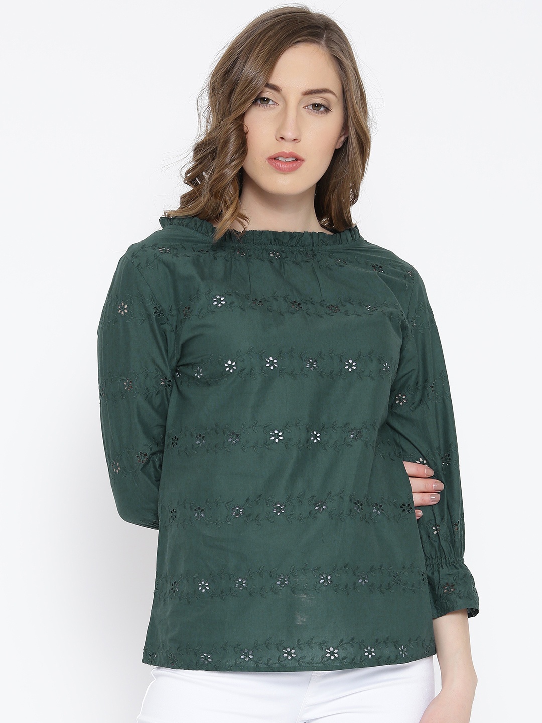 

Vaak Women Green Schiffli Embroidered Pure Cotton Top