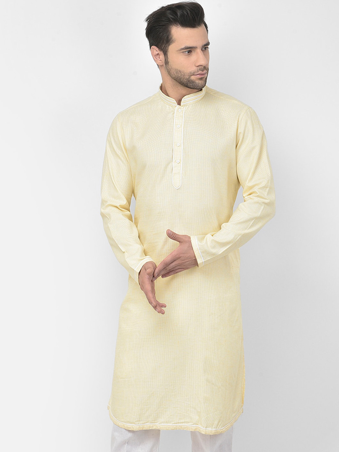 

DEYANN Men Yellow Thread Work Jacquard Kurta