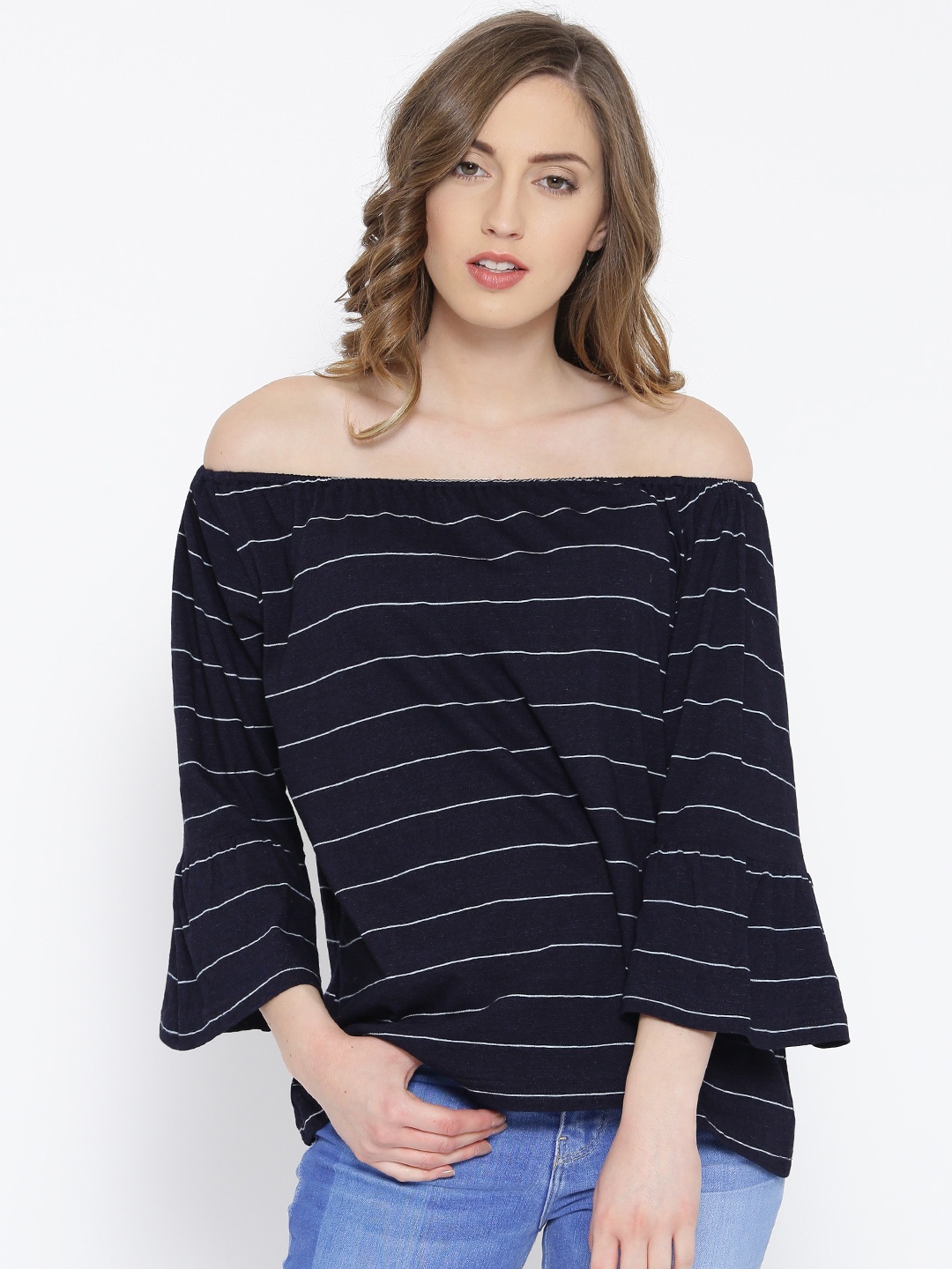 

Vaak Women Navy & White Striped Bardot Pure Cotton Top, Navy blue