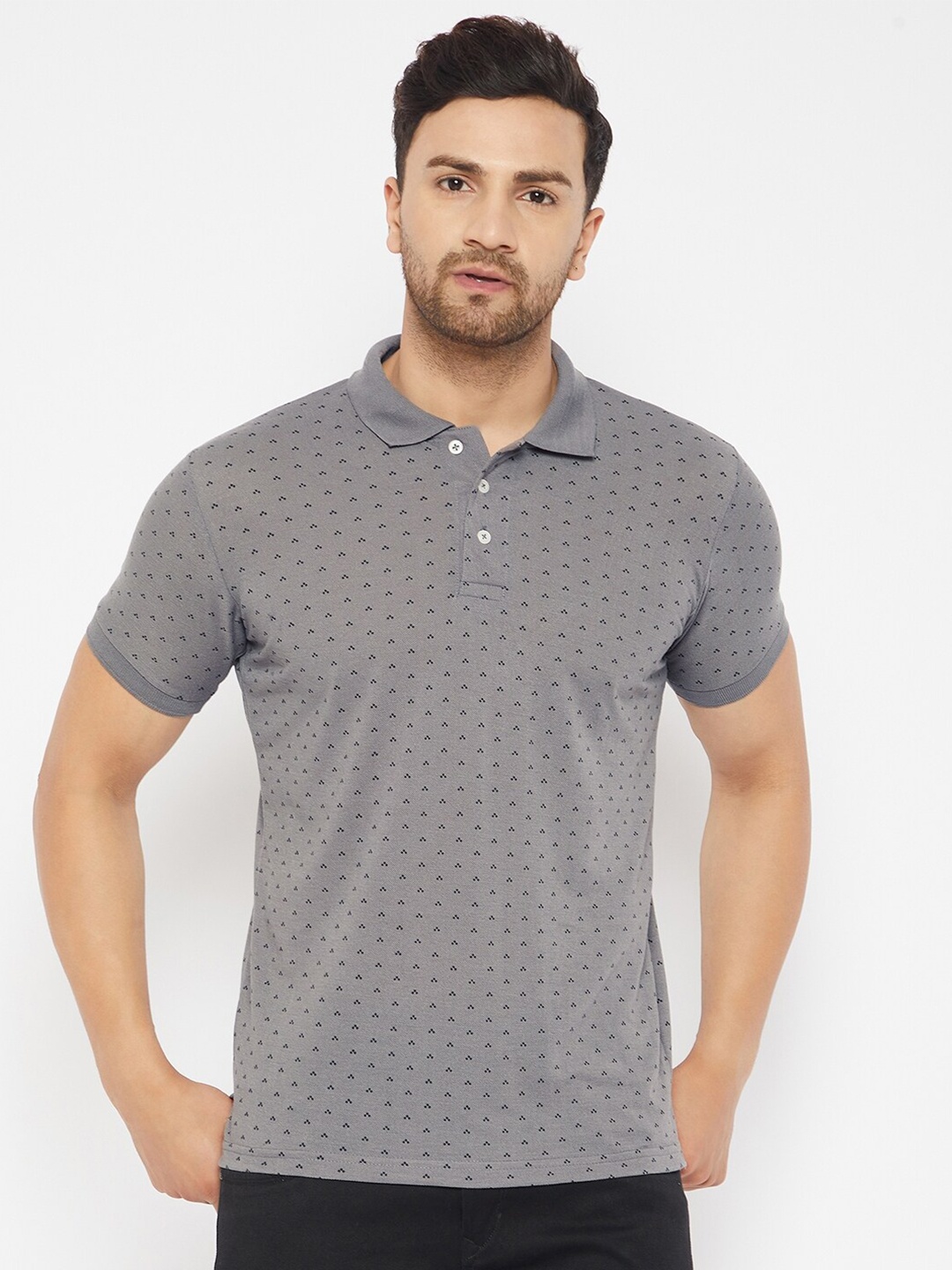 

THE MILLION CLUB Men Grey Printed Polo Collar T-shirt