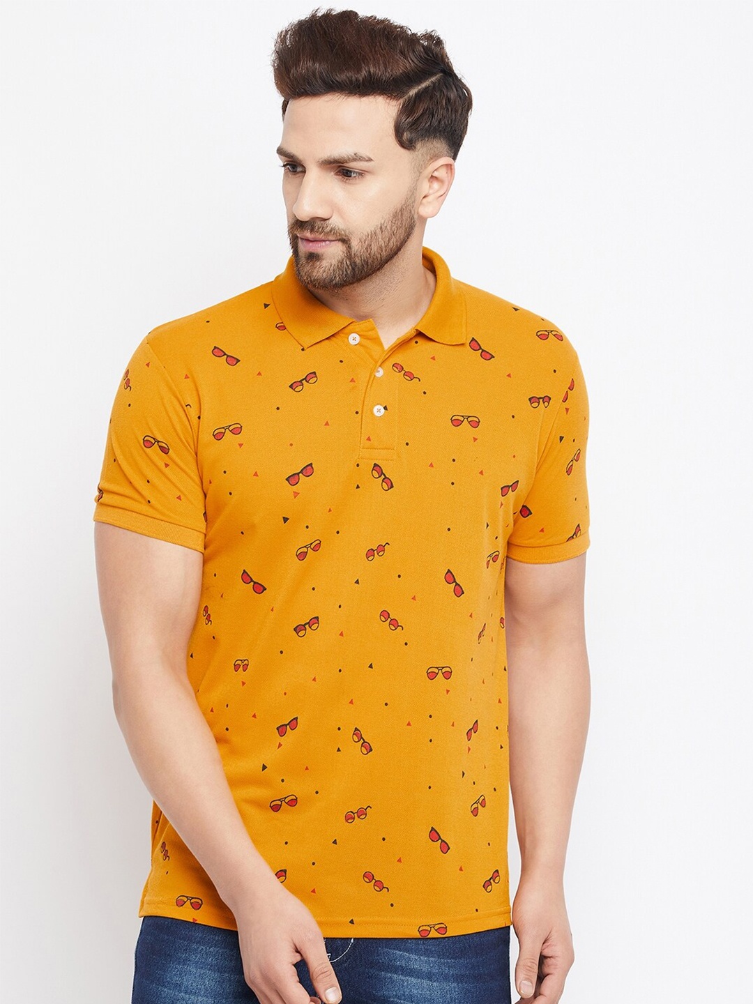 

THE MILLION CLUB Men Mustard Yellow Printed Polo Collar T-shirt