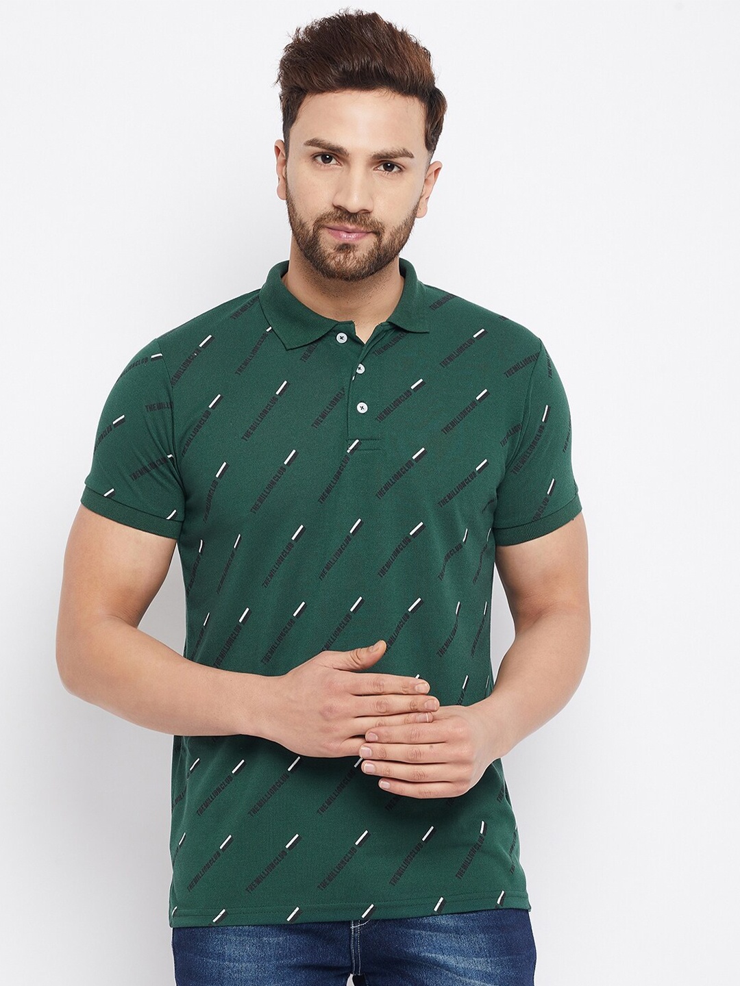 

THE MILLION CLUB Men Green & White Printed Polo Collar Regular Fit T-shirt