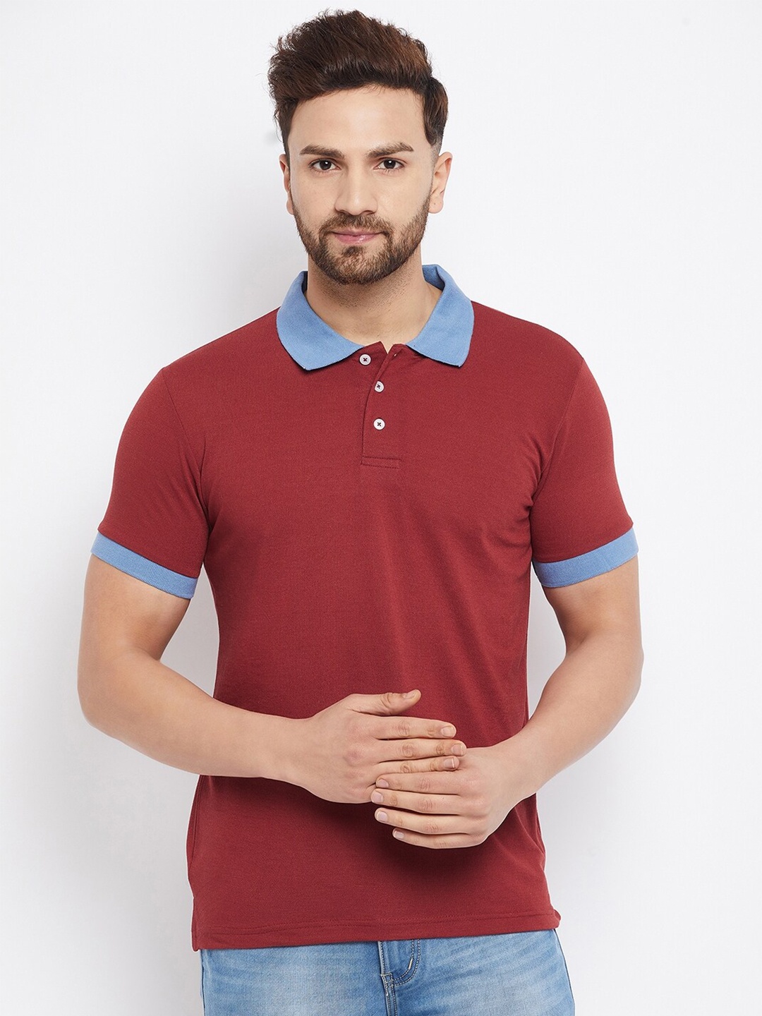 

THE MILLION CLUB Men Maroon & Blue Solid Polo Collar T-shirt