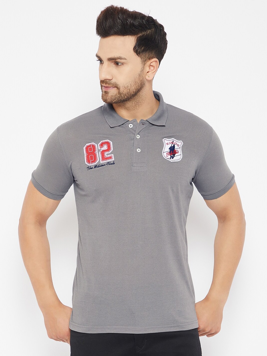 

THE MILLION CLUB Men Grey Polo Collar Applique T-shirt