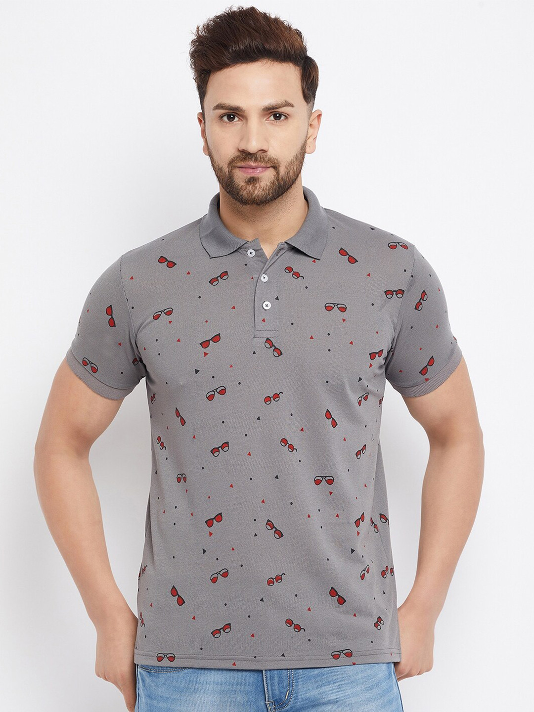 

THE MILLION CLUB Men Grey & Brown Printed Polo Collar T-shirt