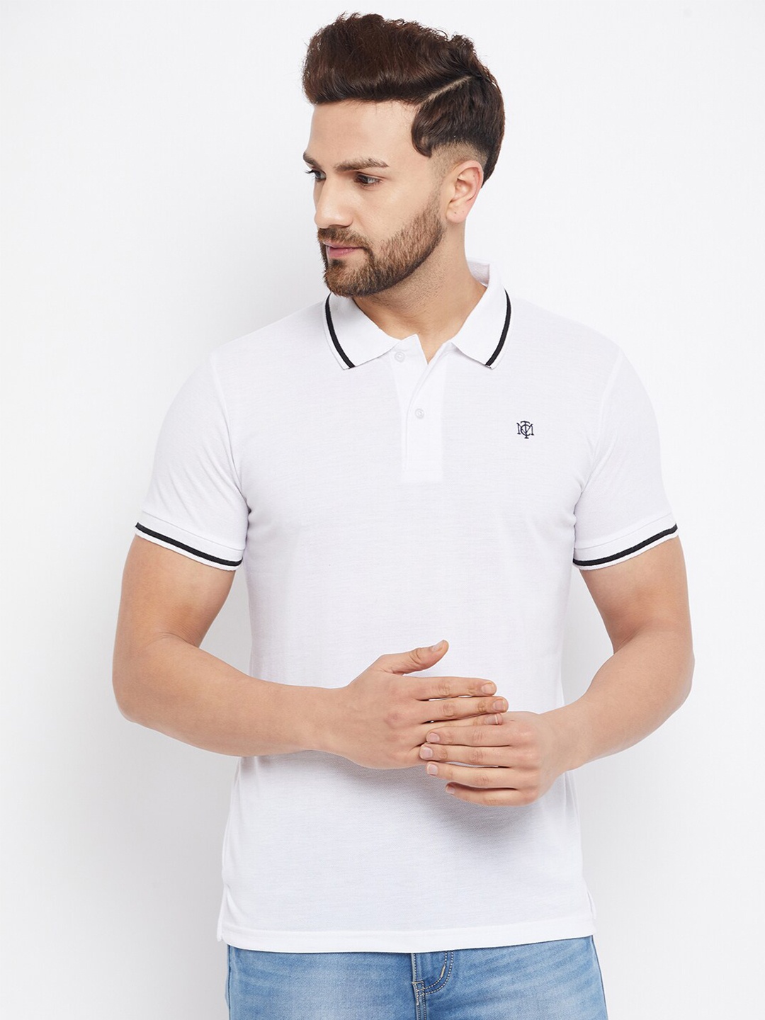 

THE MILLION CLUB Men White Mandarin Collar T-shirt