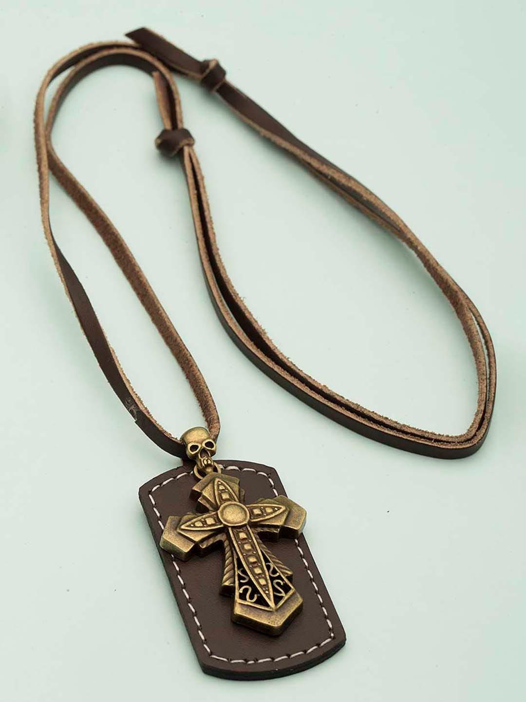 

Dare by Voylla Men Oxidized Gold-Plated & Brown Cross Pendant With Leather Chain