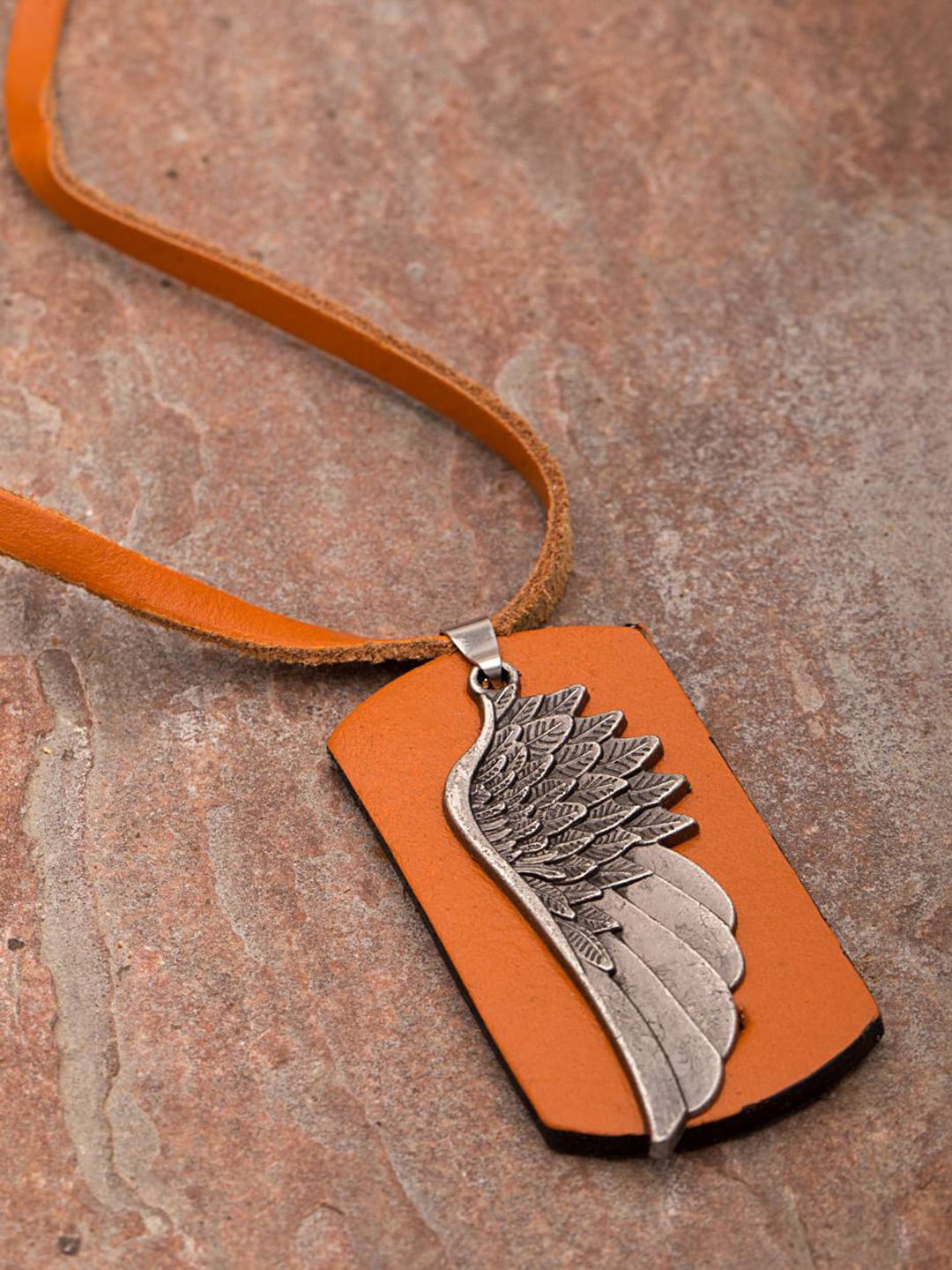 

Dare by Voylla Men Rust Feather Design Oxidized Plated Pendant With Leather Chain