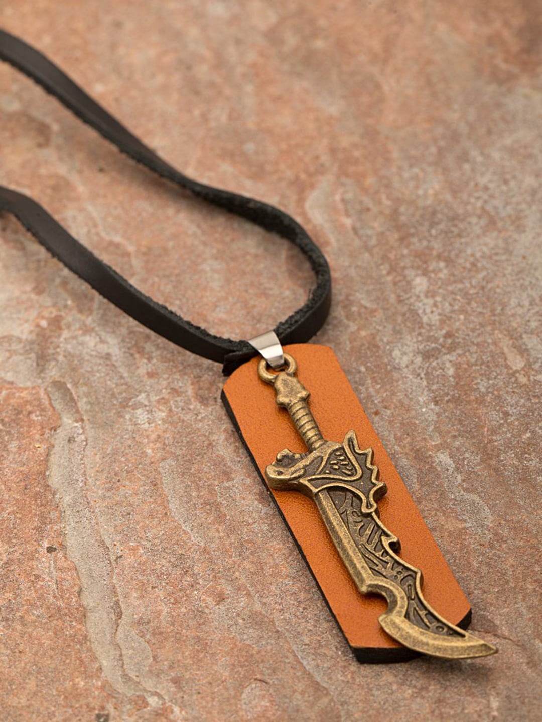 

Dare by Voylla Men Gold-Toned & Rust Designer Sword Detailing Pendant With Leather Chain