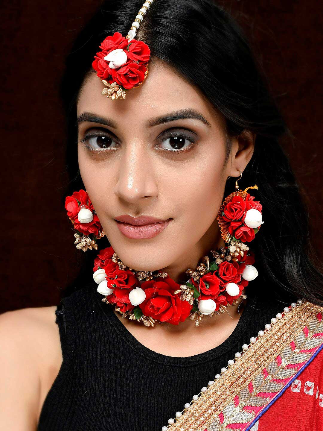 

Silvermerc Designs Bridal Red Floral Jewellery Set