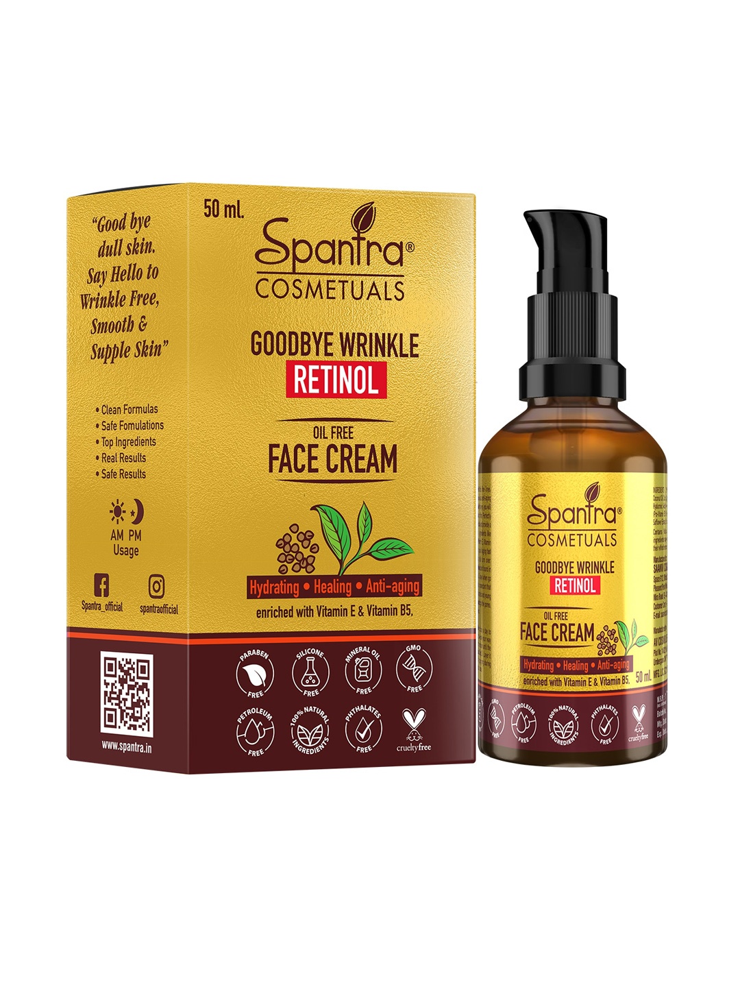 

Spantra Cosmetuals Goodbye Wrinkle Retinol Face Cream with Aloe Vera 50 ml, Gold
