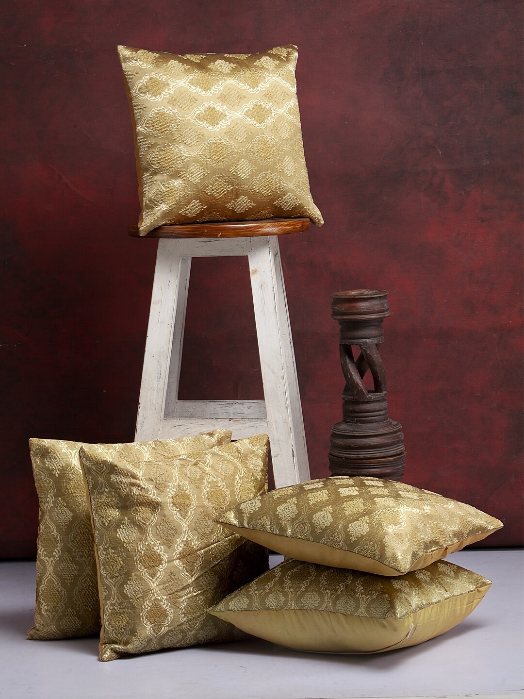

Alina decor Golden Set of 5 Ethnic Motifs Square Cushion Covers, Gold