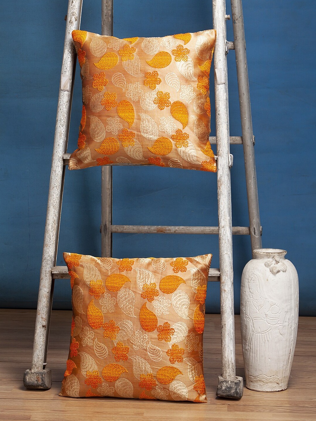 Alina decor Yellow & Gold-Toned Set of 2 Embroidered Square Cushion Covers