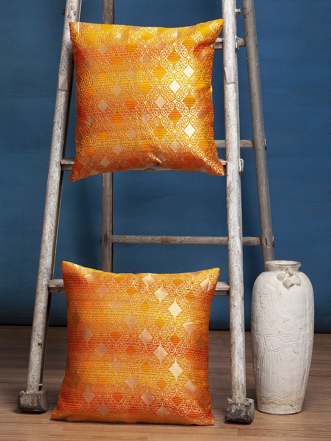 

Alina decor Yellow & Gold-Toned Set of 2 Ethnic Motifs Brocade Square Cushion Covers