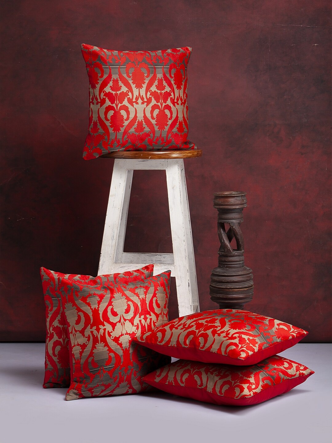 Alina decor Red & Gold-Toned Set of 5 Ethnic Motifs Square Cushion Covers
