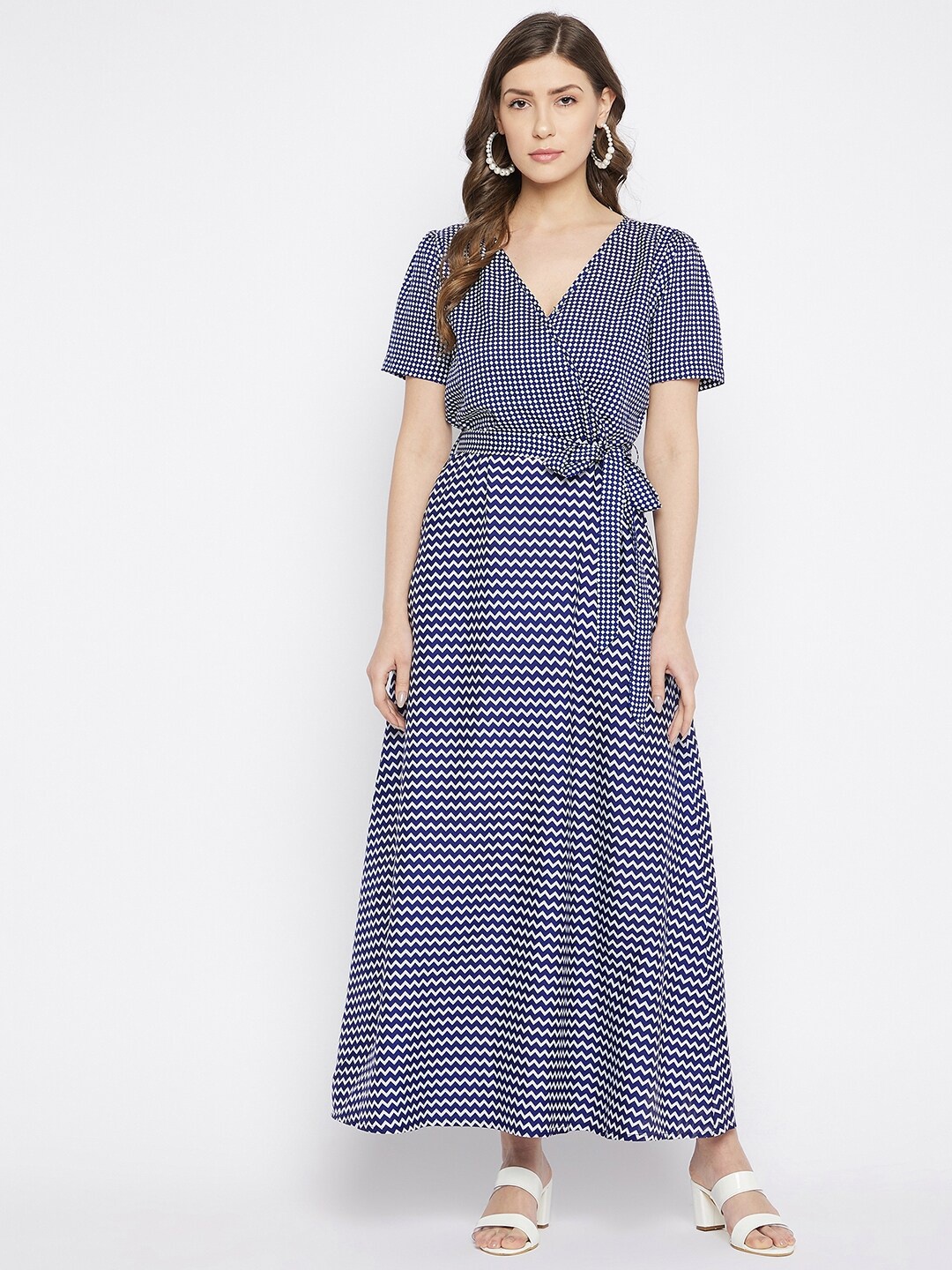 

HELLO DESIGN Women Blue & White Checked Crepe Wrap Maxi Dress