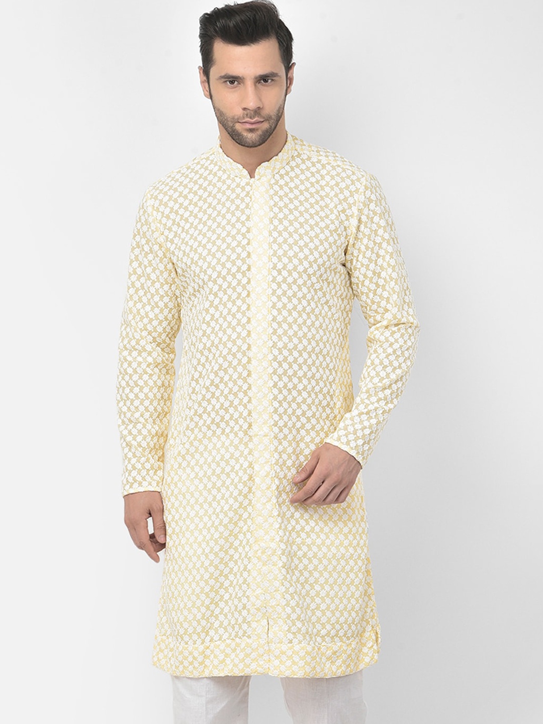 

DEYANN Men Yellow Geometric Chikankari Kurta