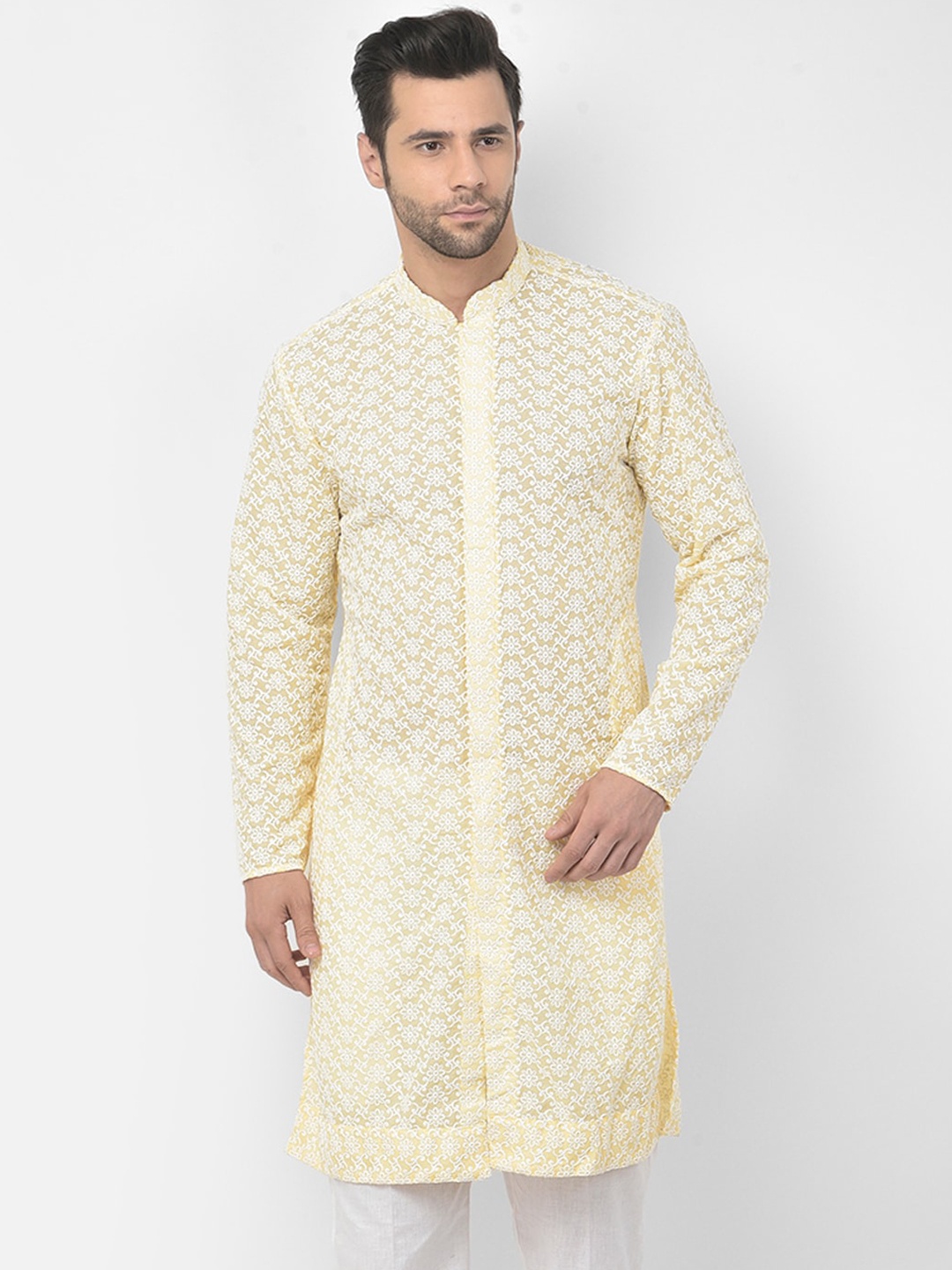 

DEYANN Men Yellow Ethnic Motifs Chikankari Kurta