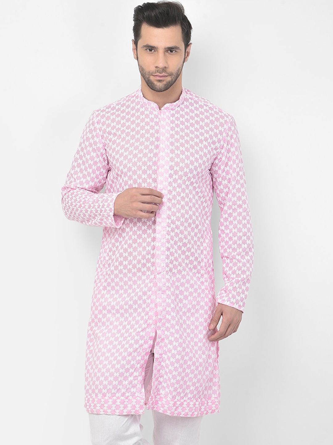 

DEYANN Men Pink Geometric Embroidered Thread Work Kurta