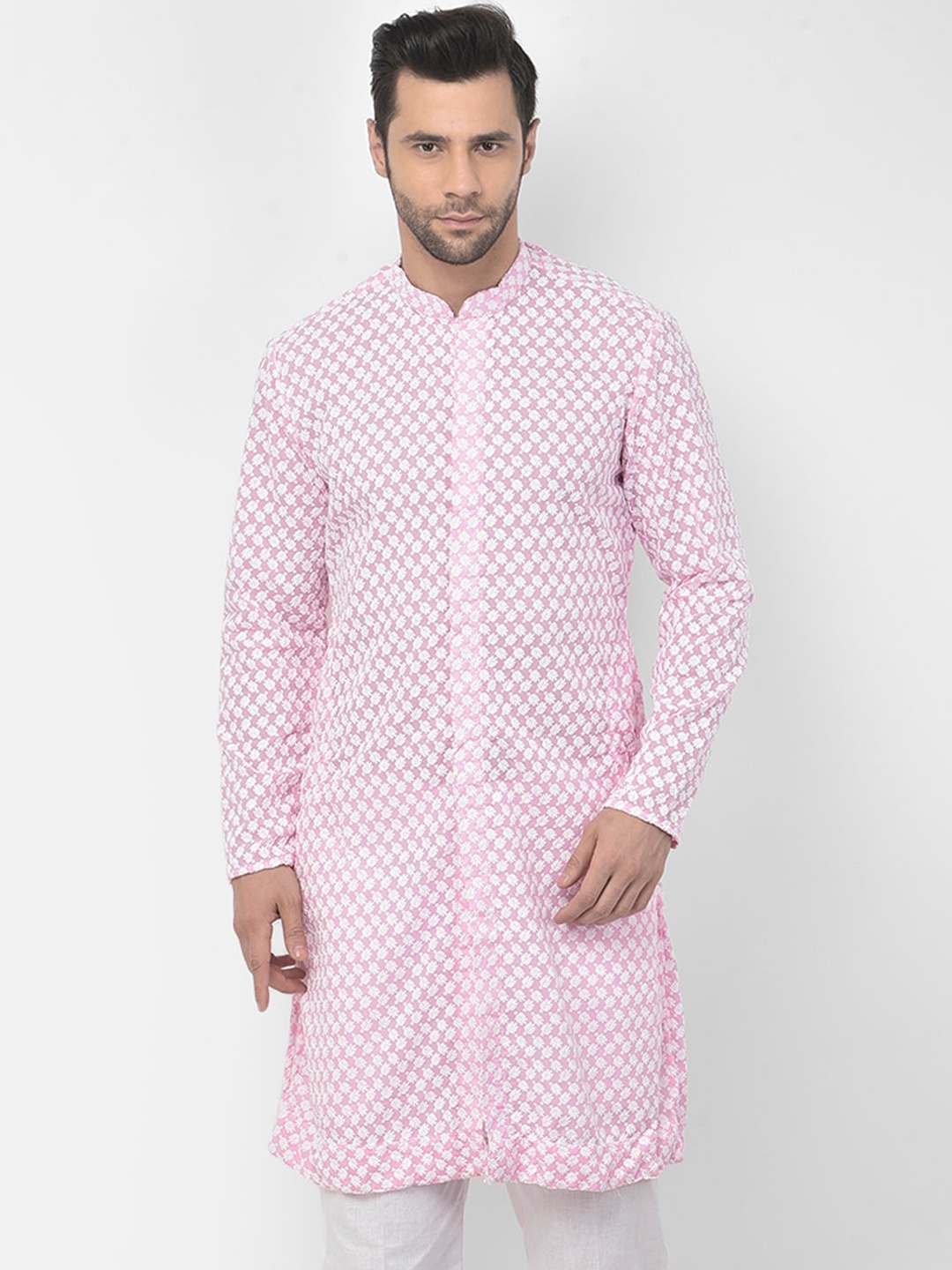

DEYANN Men Pink & White Chikankari Kurta