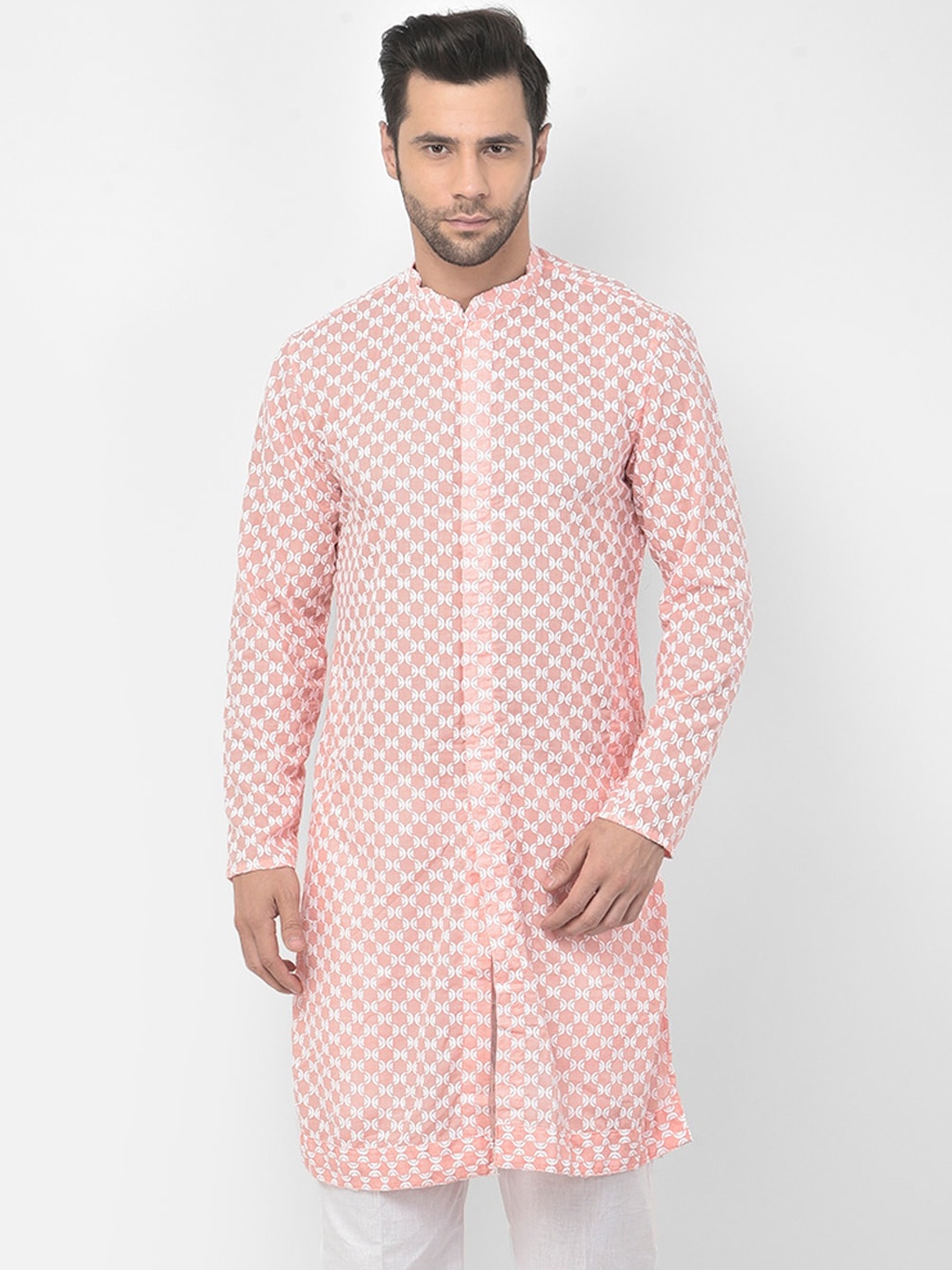 

DEYANN Men Peach-Coloured & White Embroidered Pure Cotton Chikankari Kurta