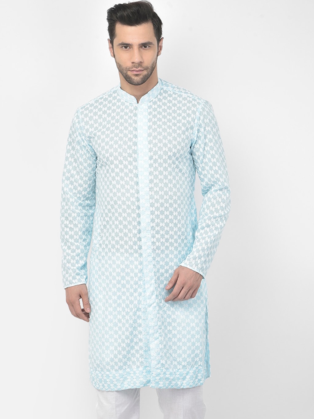 

DEYANN Men Blue Chikankari Embroidered Cotton Straight Kurta