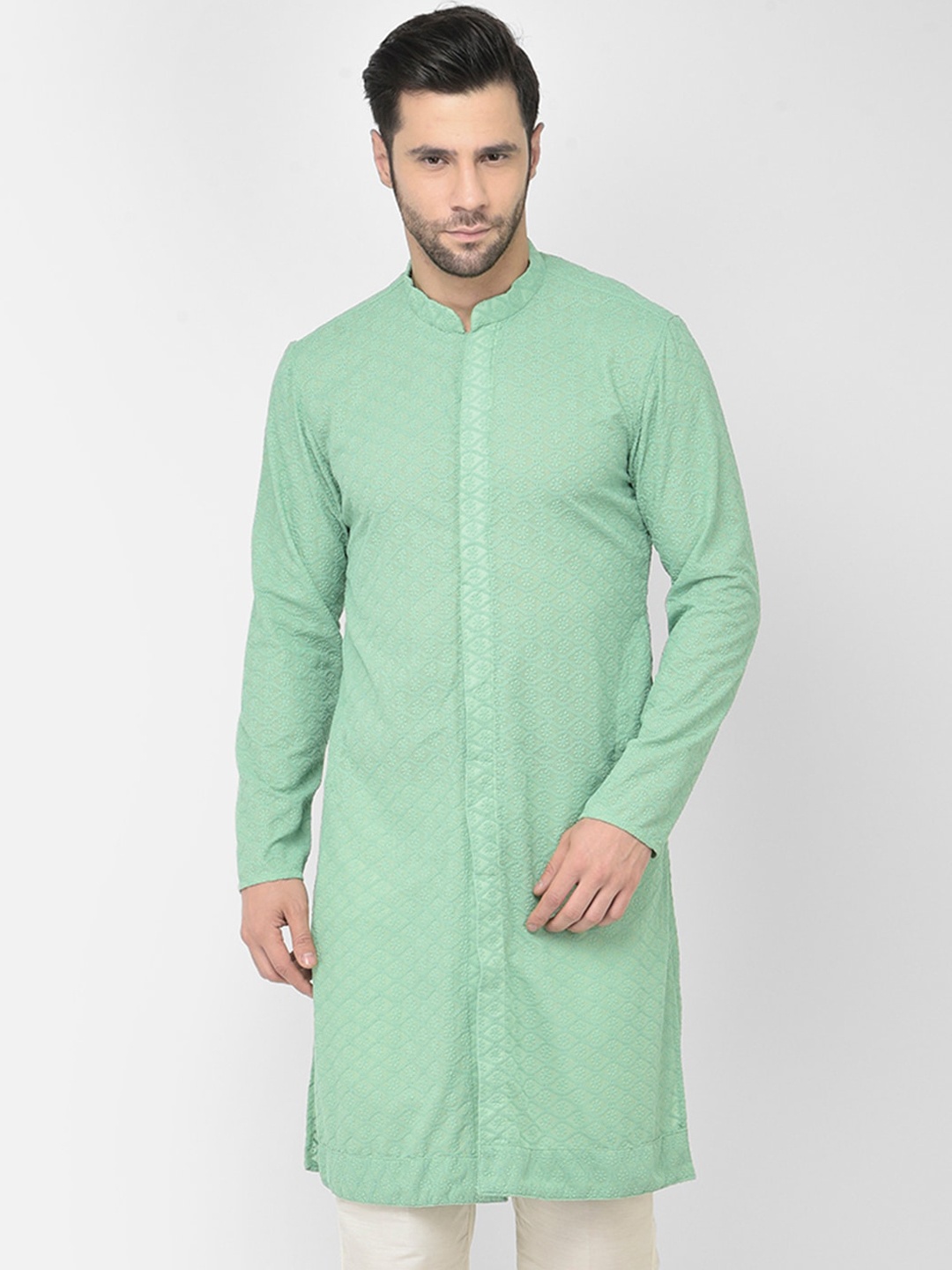 

DEYANN Men Green Geometric Embroidered Thread Work Kurta