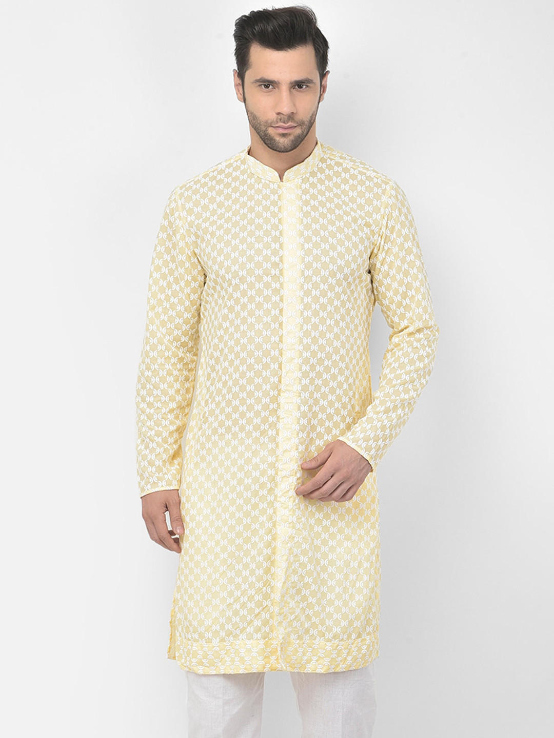 

DEYANN Men Yellow & White Geometric Embroidered Chikankari Kurta