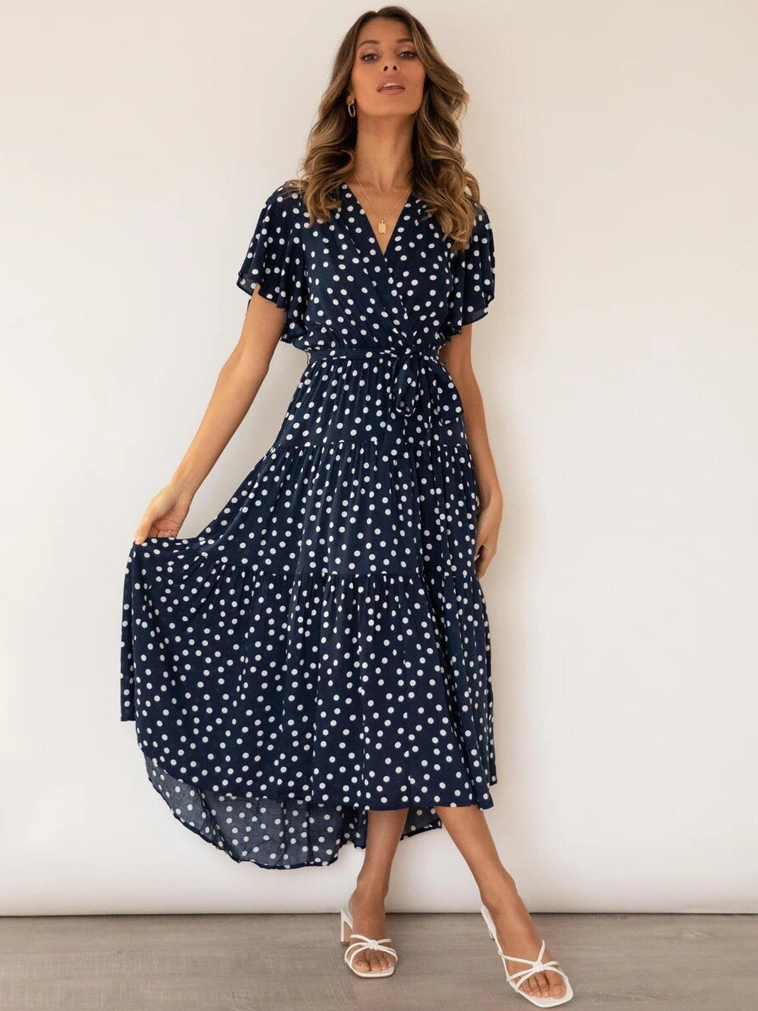 

La Aimee Women Navy Blue & White Printed Tiered Midi Dress