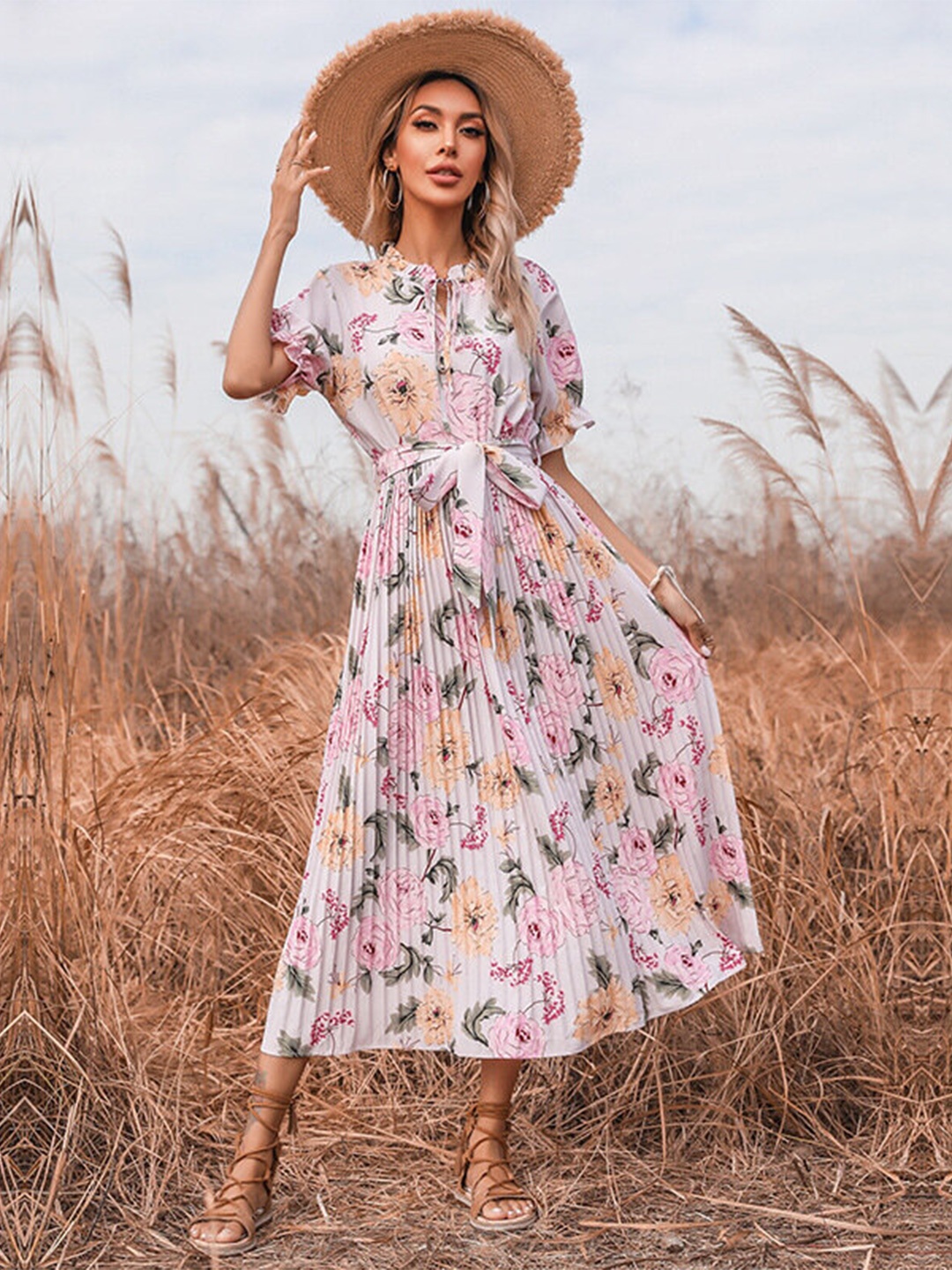 

La Aimee Women Pink & Yellow Floral Midi Dress