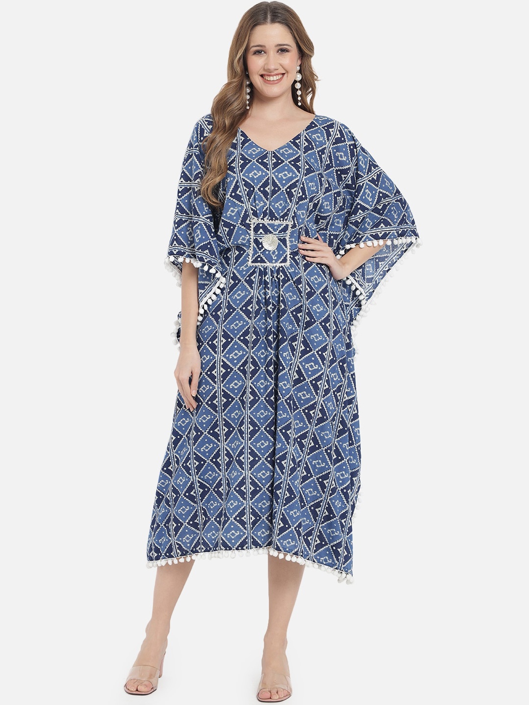 

Meeranshi Women Blue Ethnic Motifs Printed Flared Sleeves Gotta Patti Indigo Kaftan Kurta