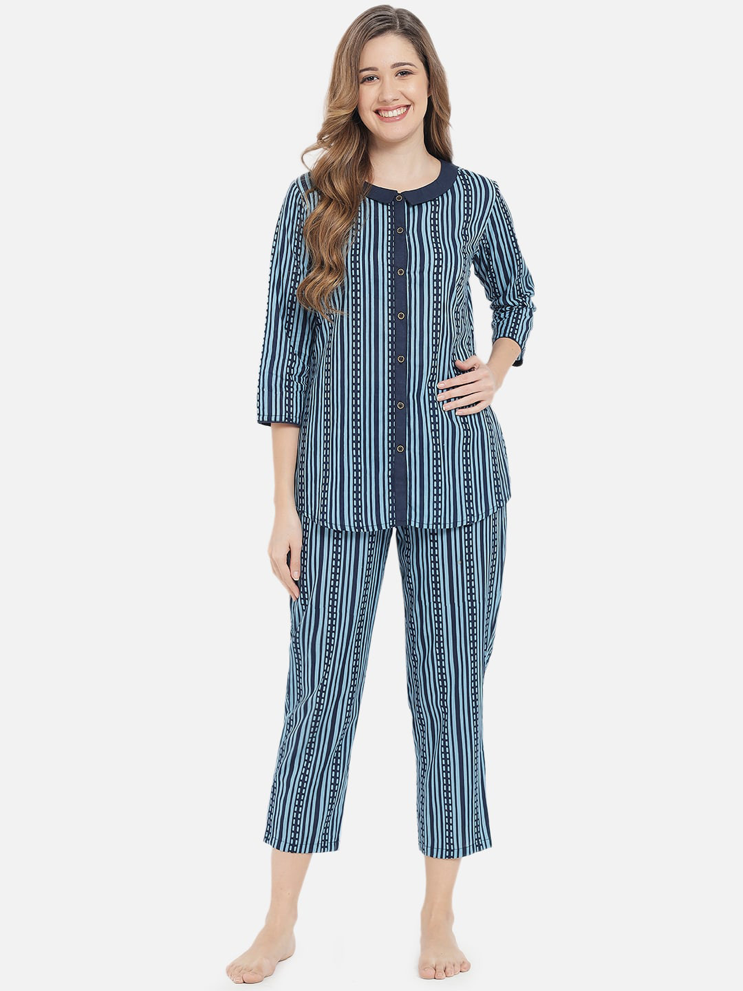 

Meeranshi Women Navy Blue Striped Night suit