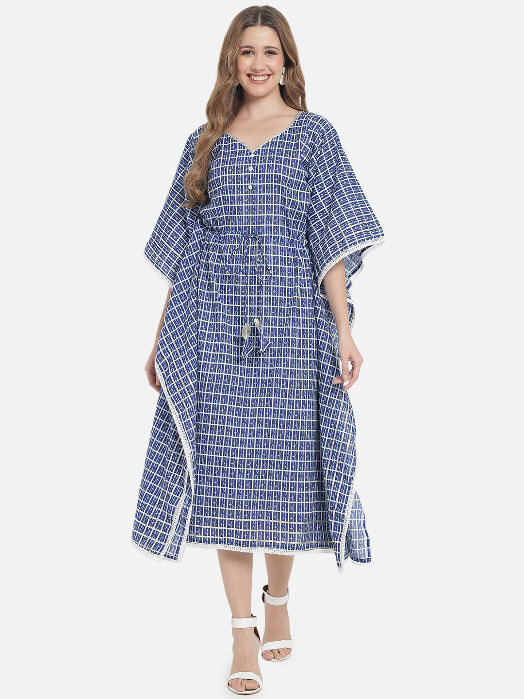 

Meeranshi Navy Blue Geometric Printed Cotton Ethnic Kaftan Midi Dress