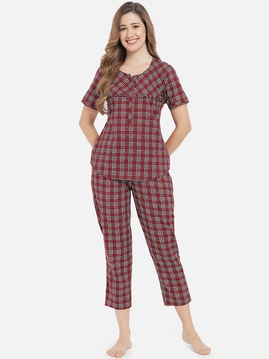 

Meeranshi Women Maroon Checked Pure Cotton Night suit