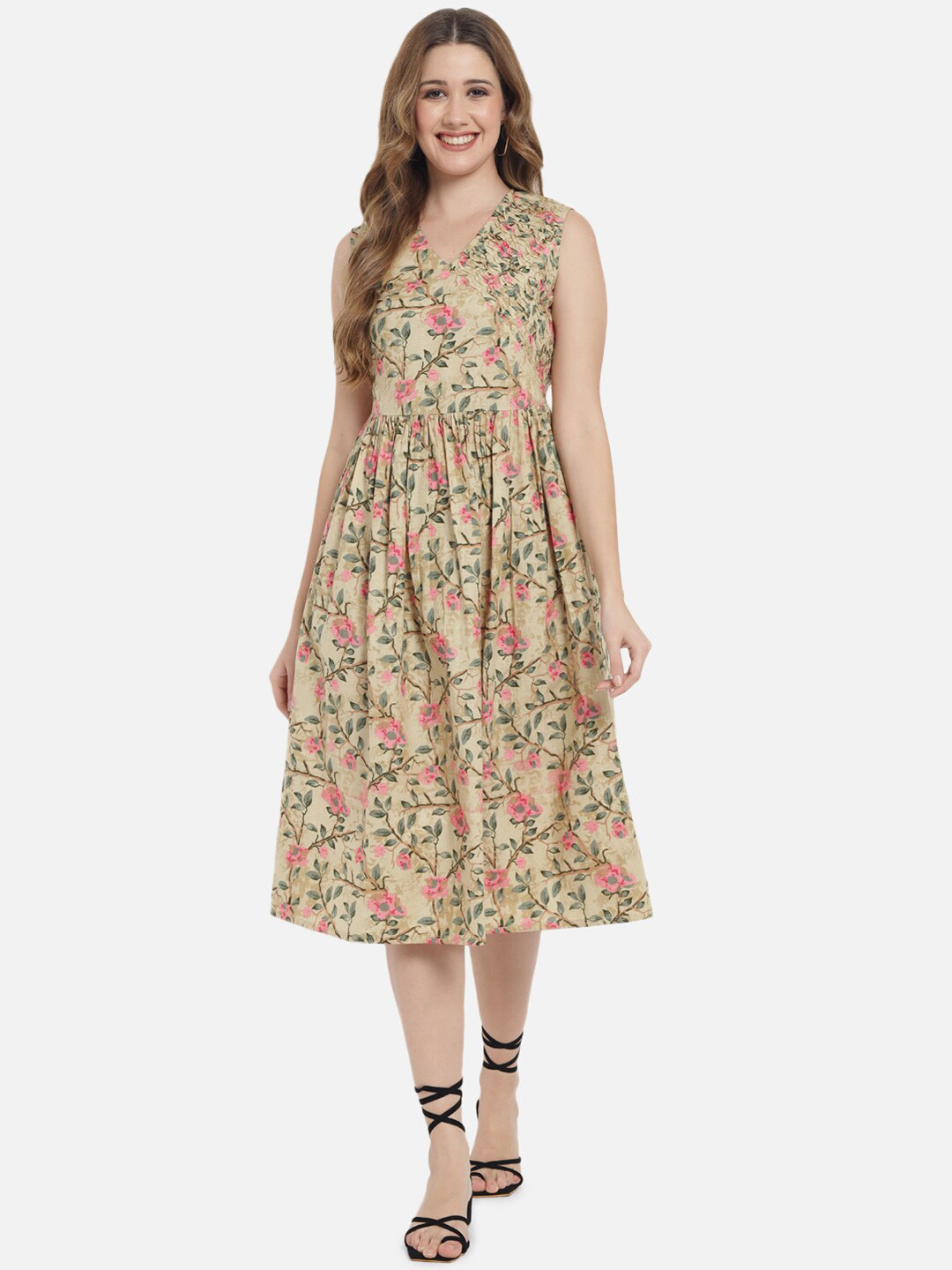 

Meeranshi Women Camel Brown & Pink Floral Printed Dress