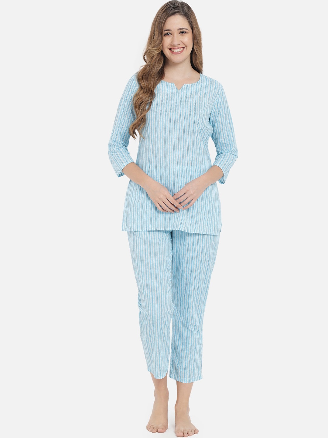 

Meeranshi Women Turquoise Blue & White Striped Cotton Night Suit