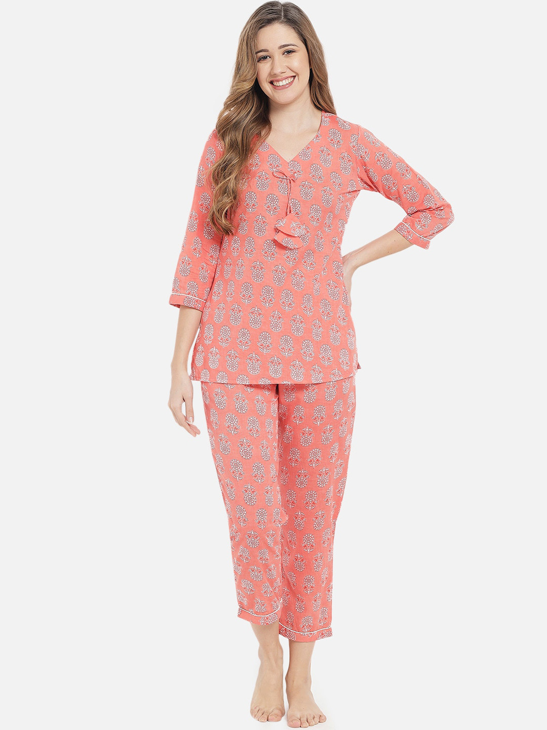 

Meeranshi Women Peach Floral Printed Pure Cotton Night Suit