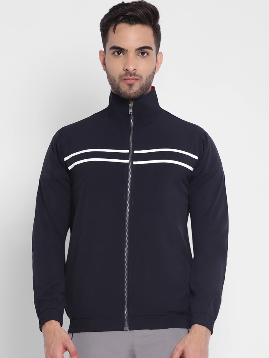 

Yuuki Men Navy Blue Striped Training or Gym Sporty Jacket