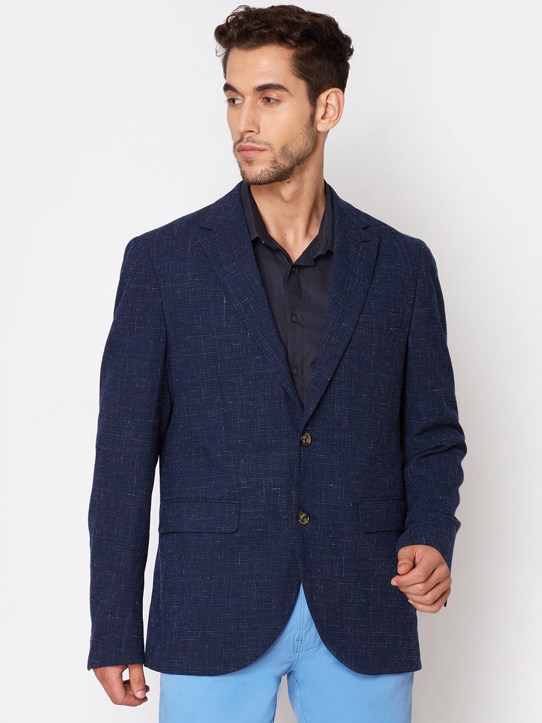 

Matinique Men Blue Solid Single-Breasted Slim-Fit Wool Blend Blazer