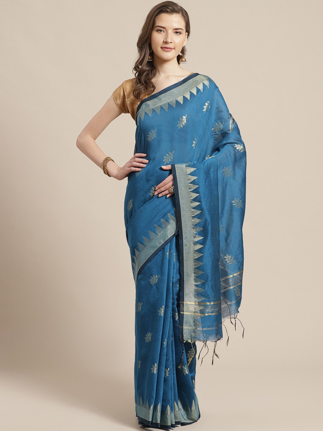 

Laa Calcutta Blue & Gold-Toned Floral Silk Cotton Taant Handloom Saree