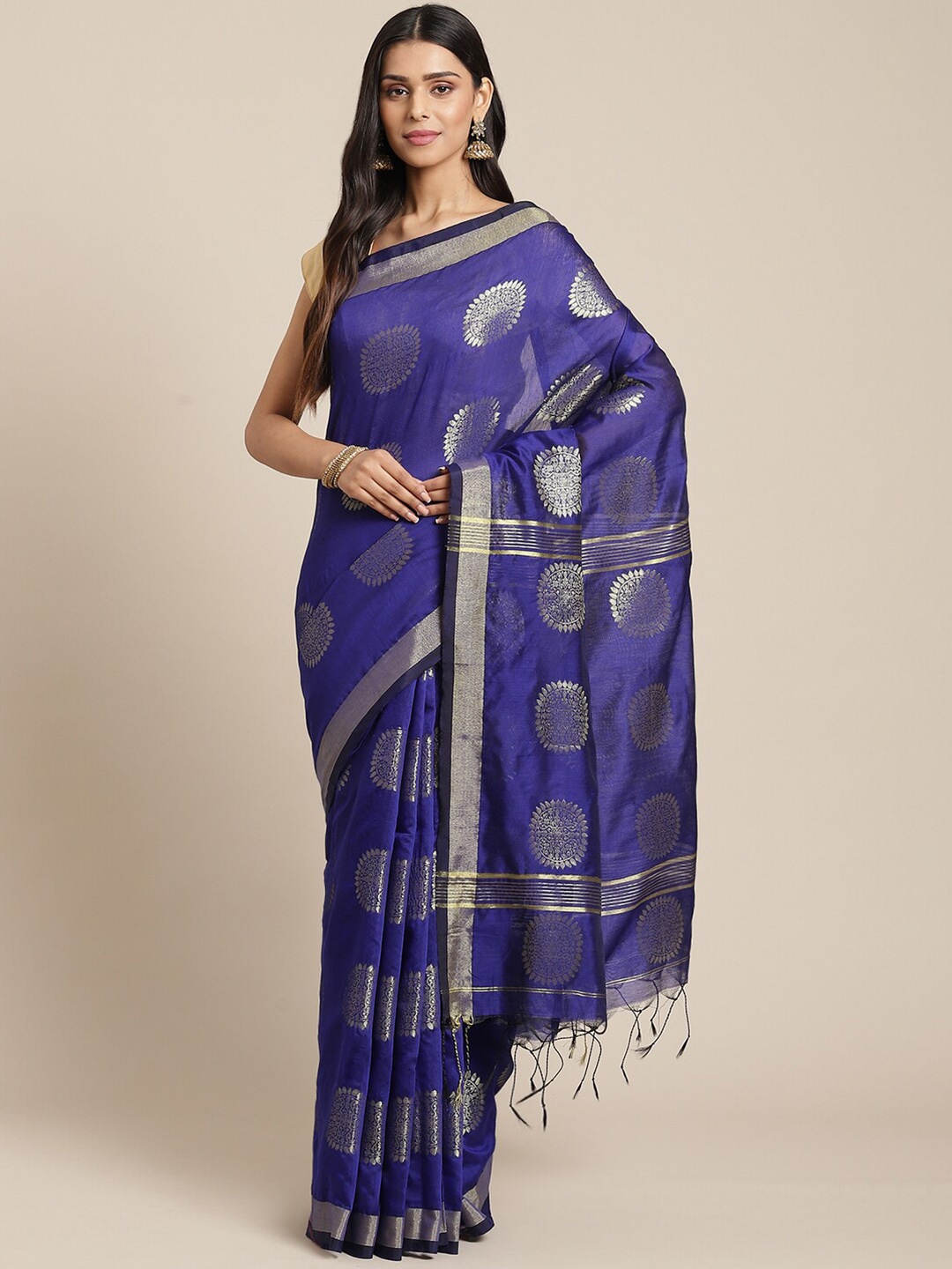 

Laa Calcutta Blue & Golden Ethnic Motifs Silk Cotton Taant Saree